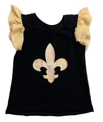 Gold Glitter Fleur de Lis Ruffle Shirt(Blk):