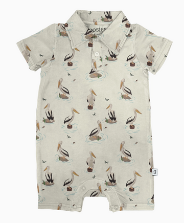 Coastal Pelicans Short Sleeve Bamboo Polo Romper