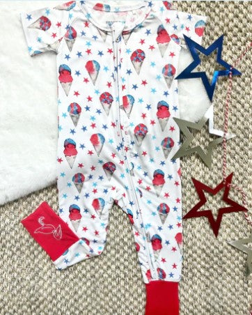 Red White & Blue Snocone Bamboo Zipper Onesie
