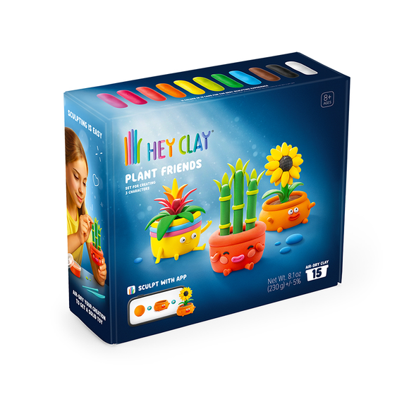 Hey Clay Plant Friends box showing three colorful potted plant clay characters