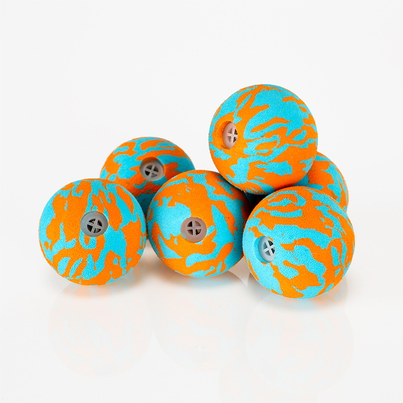 Six orange and turquoise Air Toobz Giggle Balls with built-in horns