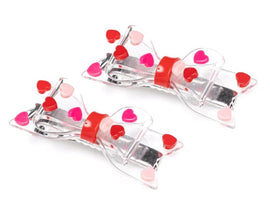 Clear Bow Pink/Red Hearts Alligator Clips - Set of 2