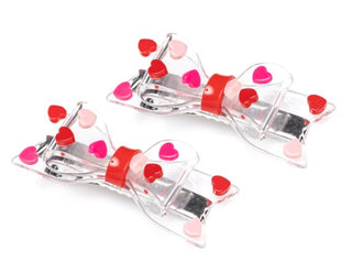 Clear Bow Pink/Red Hearts Alligator Clips - Set of 2