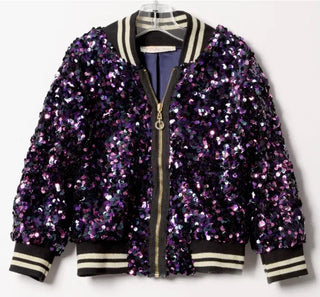 This shimmering jacket is covered in shiny sequins! Wear for Mardi Gras or whenever you want to sparkle. The retro-inspired bomber style features stripes along the elastic cuffs and hem.  Contains mixture of pink, purple, and black sequins  Brand: Hanna Banana