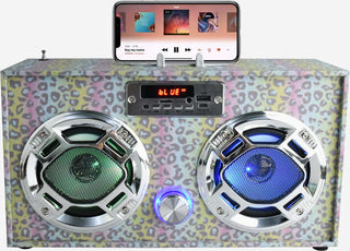 Bluetooth FM Radio W LED Speakers Leopard Glitter Boombox